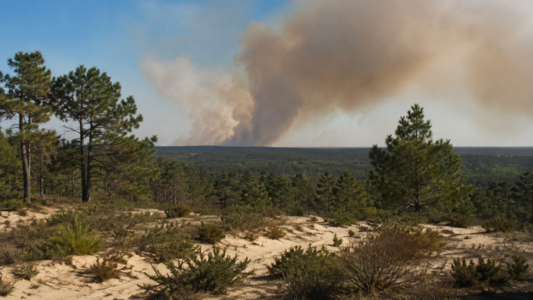 Paysage de pinède sablonneuse au premier plan et panache de fumée brune qui monte au loin sur l'horizon