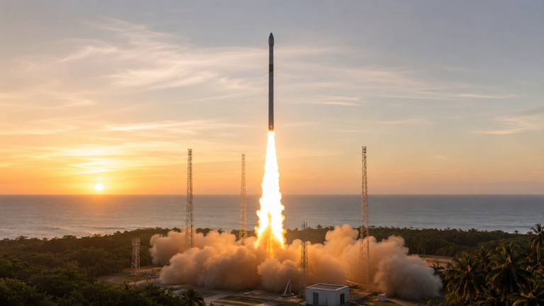 Fusée élancée de petits satellites décollant à l'aube d'un pas de tir côtier, panache lumineux au-dessus d'une mer calme