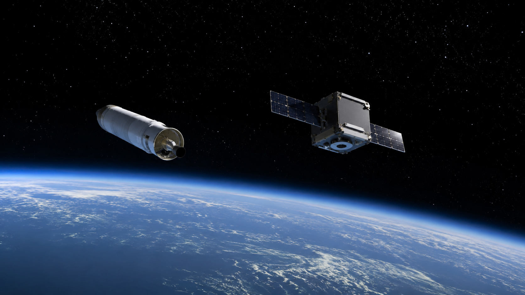 Visualisation d'un petit satellite libéré en orbite basse au-dessus de la courbe bleutée de la Terre