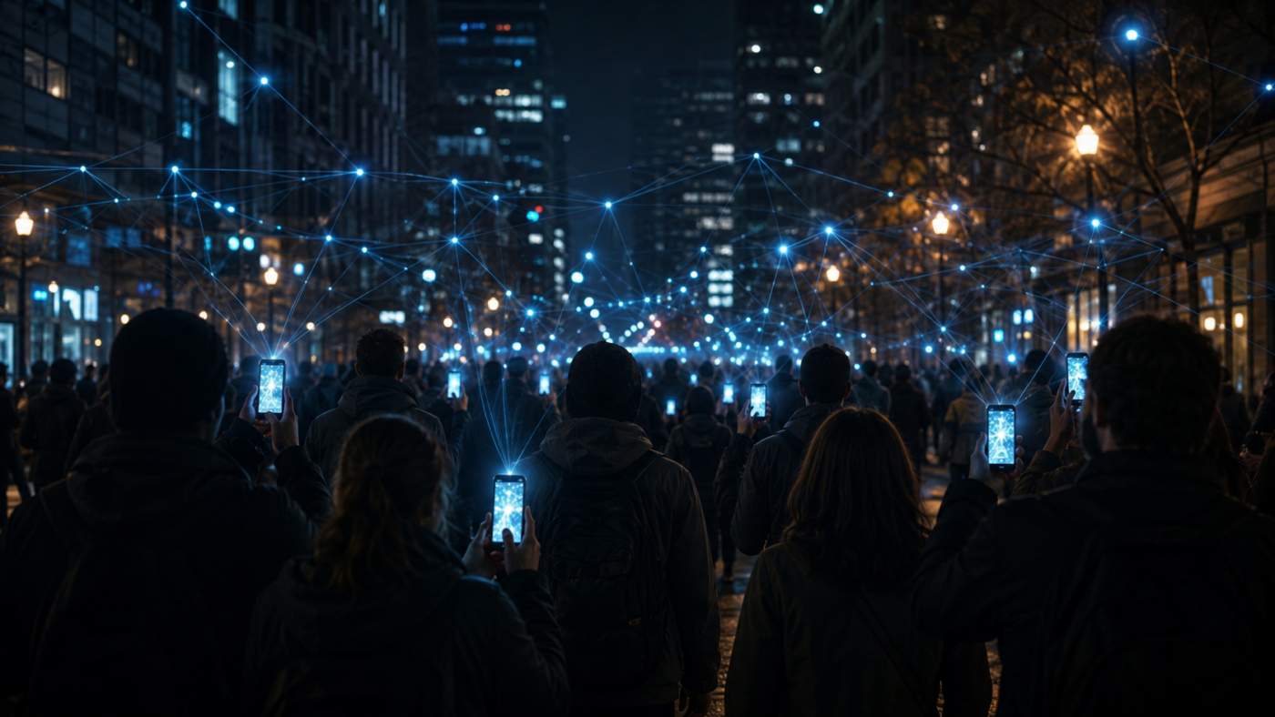 Foule de nuit vue de dos, smartphones lumineux reliés par un réseau de lignes de lumière abstraites