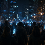 Foule de nuit vue de dos, smartphones lumineux reliés par un réseau de lignes de lumière abstraites