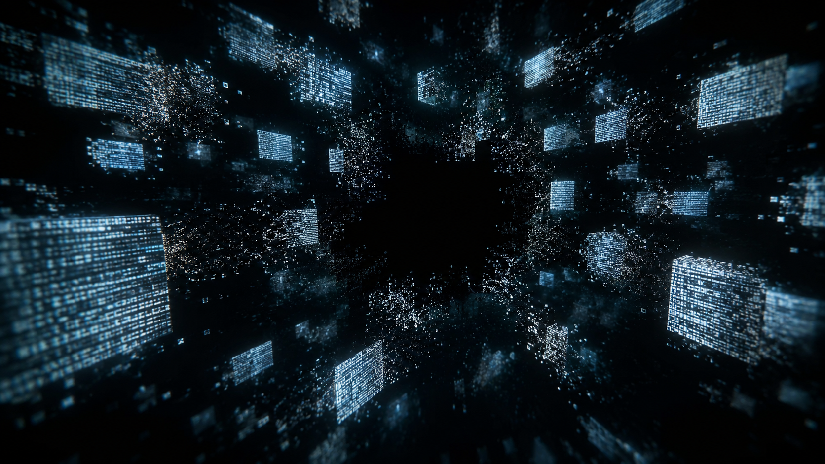 Concept abstrait de code open source se dispersant en multiples copies dans un espace numérique sombre