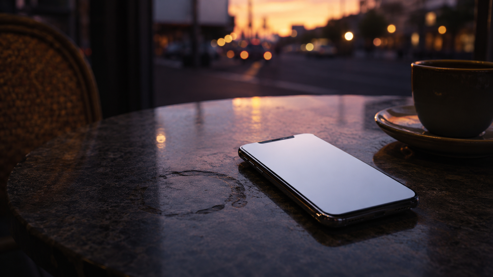 Téléphone générique posé écran vers le haut sur une table de café au crépuscule, écran vide et lumineux