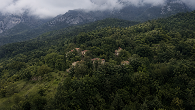 Village de montagne italien presque entièrement recouvert par la forêt, vu du ciel