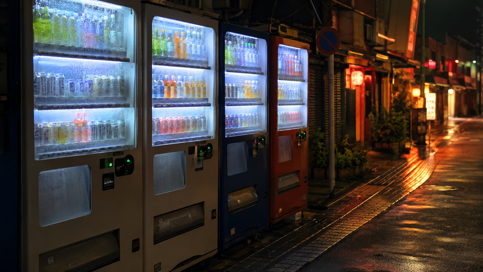 Rangee de distributeurs automatiques japonais illumines le soir, canettes fraiches couvertes de condensation