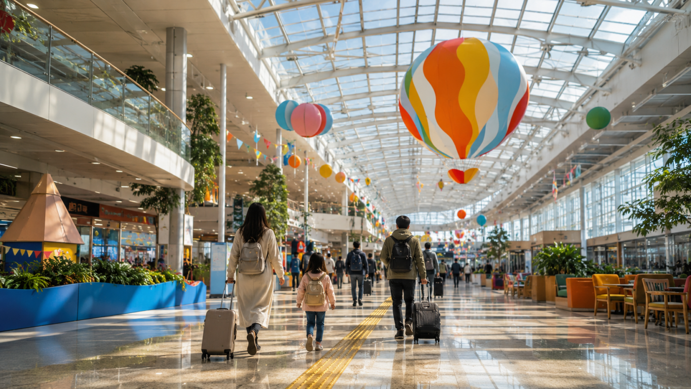 Hall lumineux et coloré d'un aéroport japonais moderne aux décorations festives