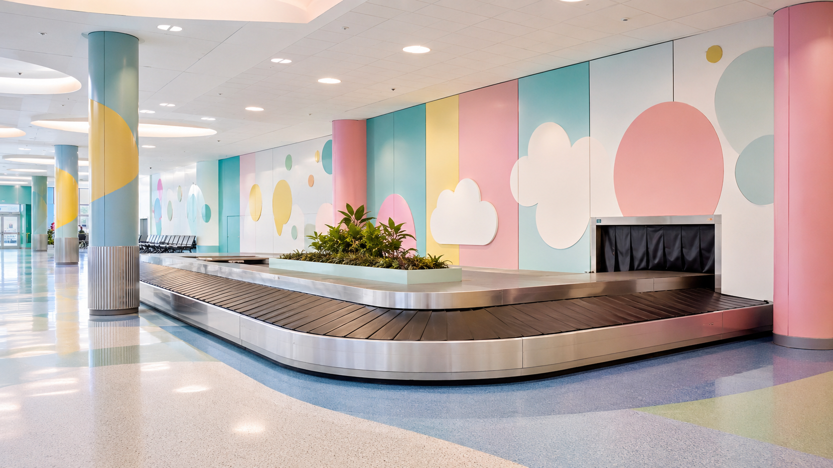 Tapis à bagages dans un hall d'aéroport aux murs colorés et décorations ludiques