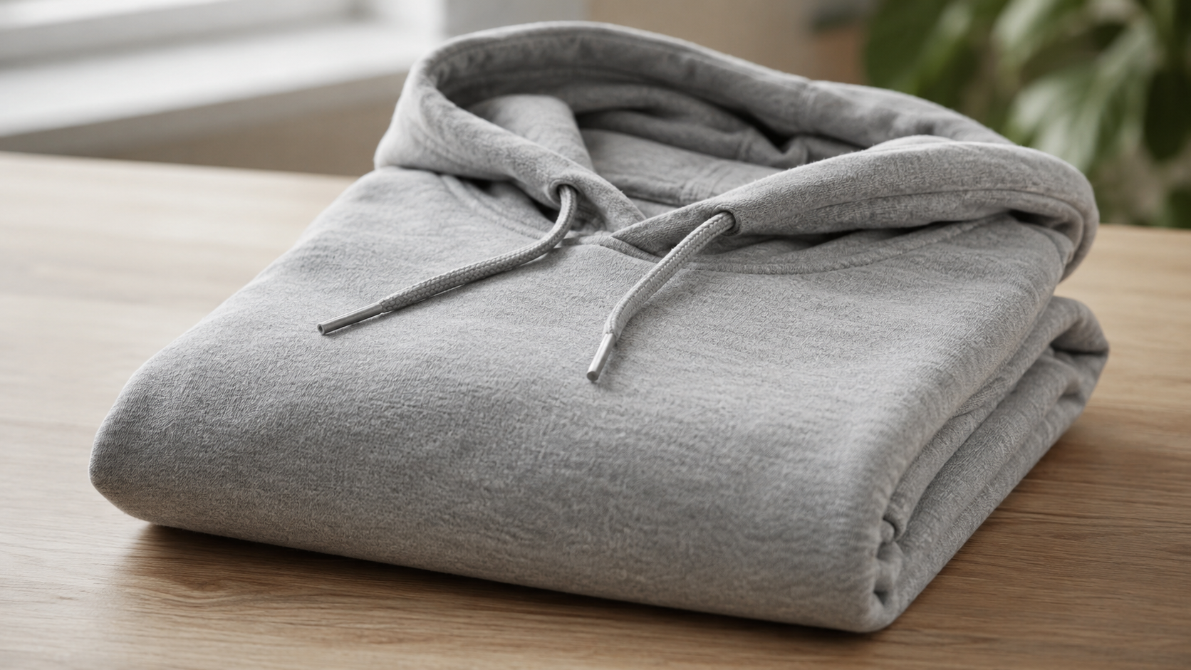 Sweat à capuche gris uni plié sur une table