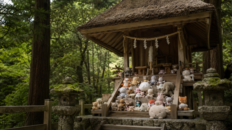 Des peluches génériques alignées comme des offrandes sur les marches d'un petit sanctuaire shinto en bois, en forêt.