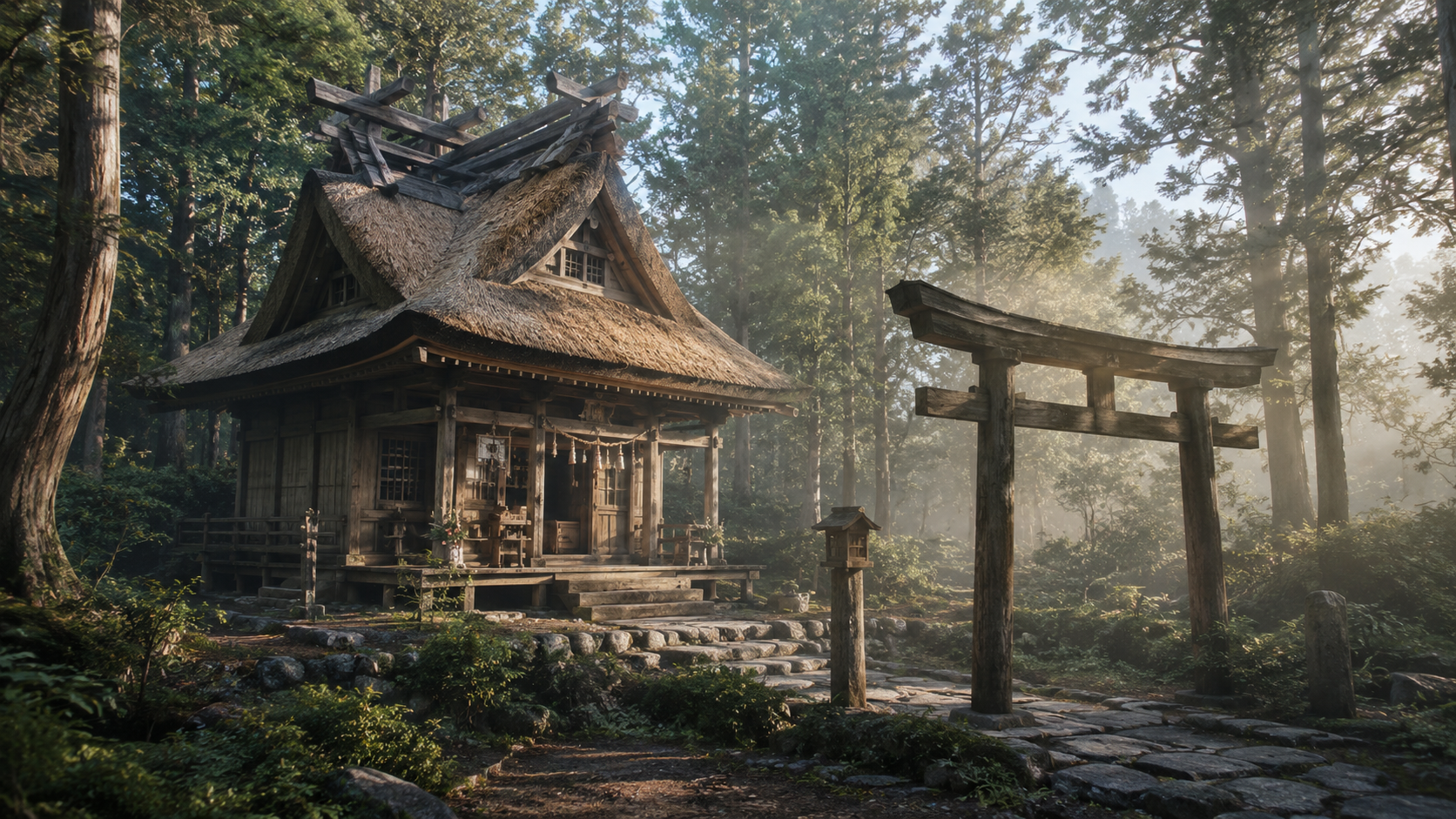 Petit sanctuaire shinto en bois au toit de chaume, avec un torii, au milieu d'une forêt.