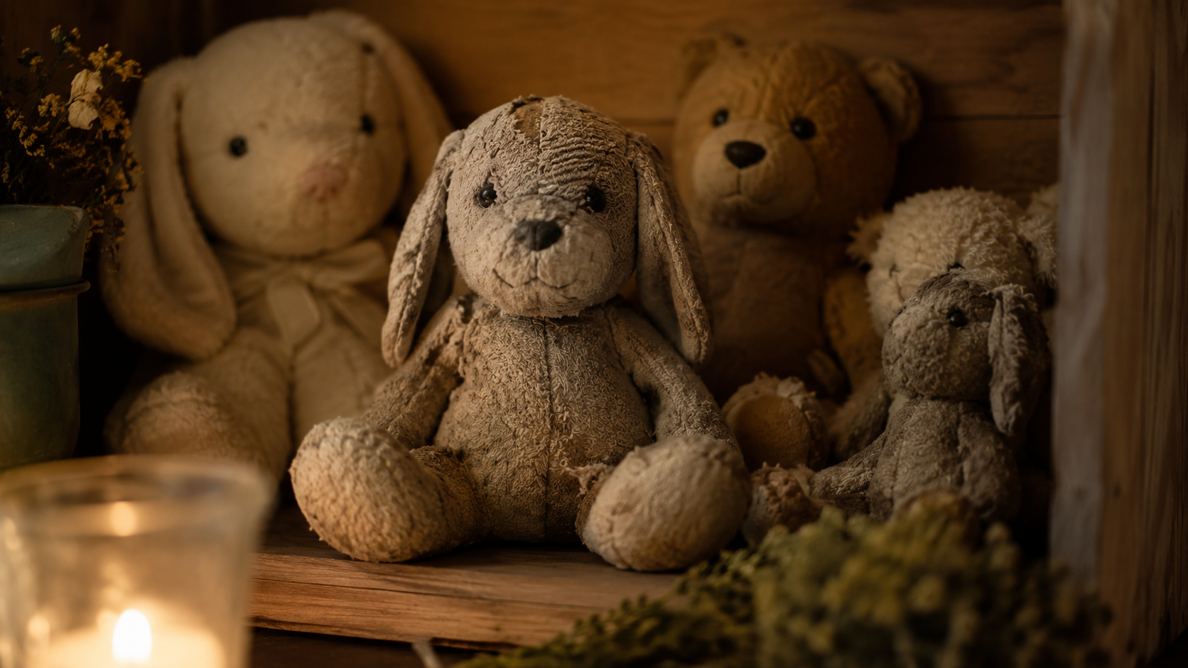 Une peluche usée posée sur une étagère en bois, entourée de quelques autres disposées comme des offrandes.