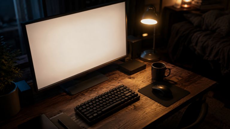 Un poste de travail de développeur solo la nuit, un écran neutre allumé sans interface lisible