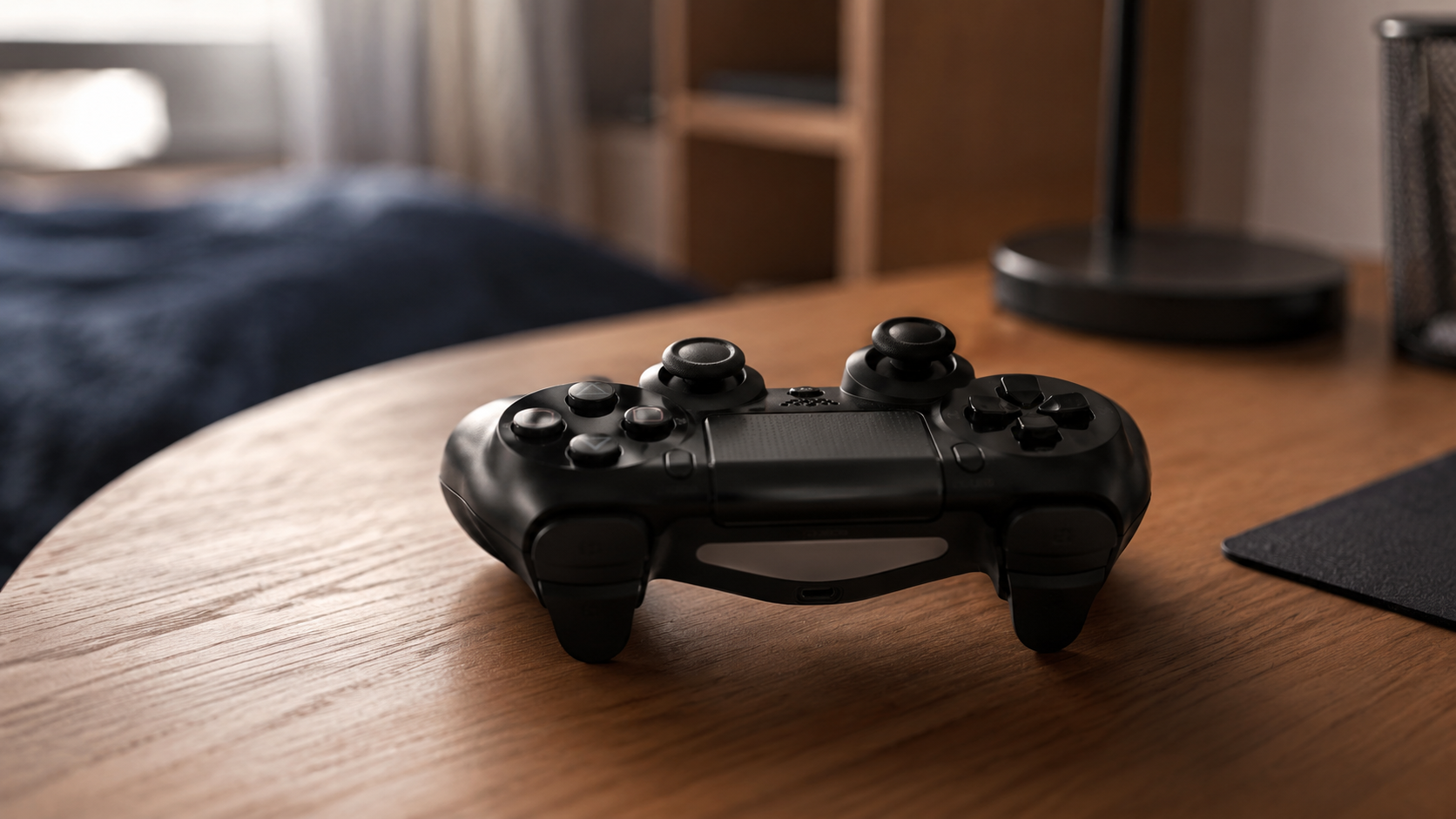 Une manette de jeu générique posée sur un bureau en bois
