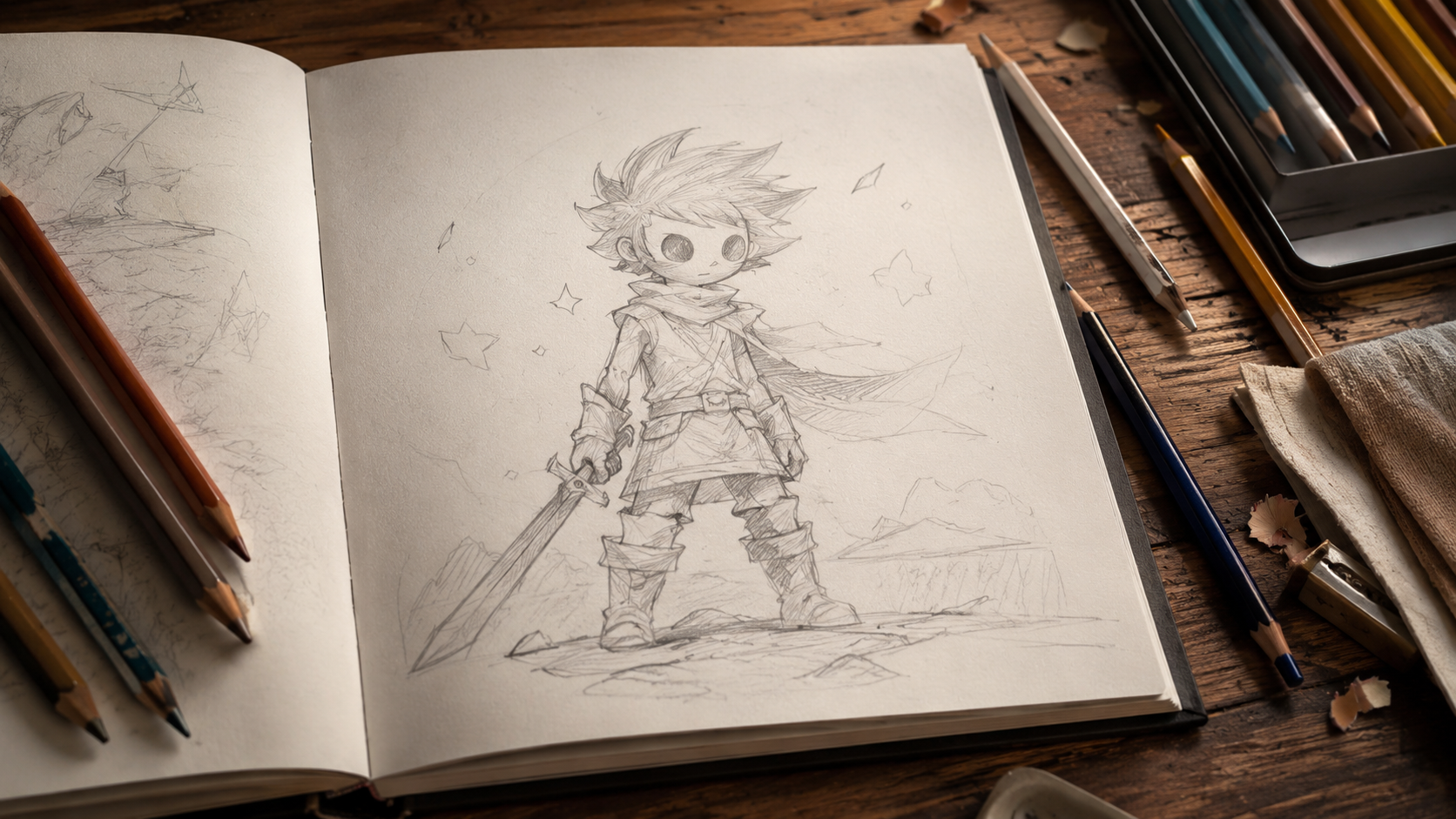 Un carnet de croquis ouvert avec un personnage stylisé dessiné au crayon