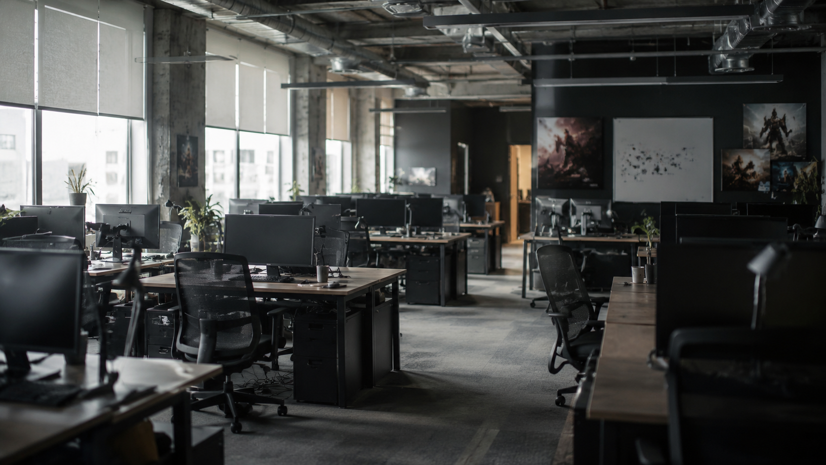 Un open space de studio de jeu vidéo moderne aux bureaux en grande partie vides