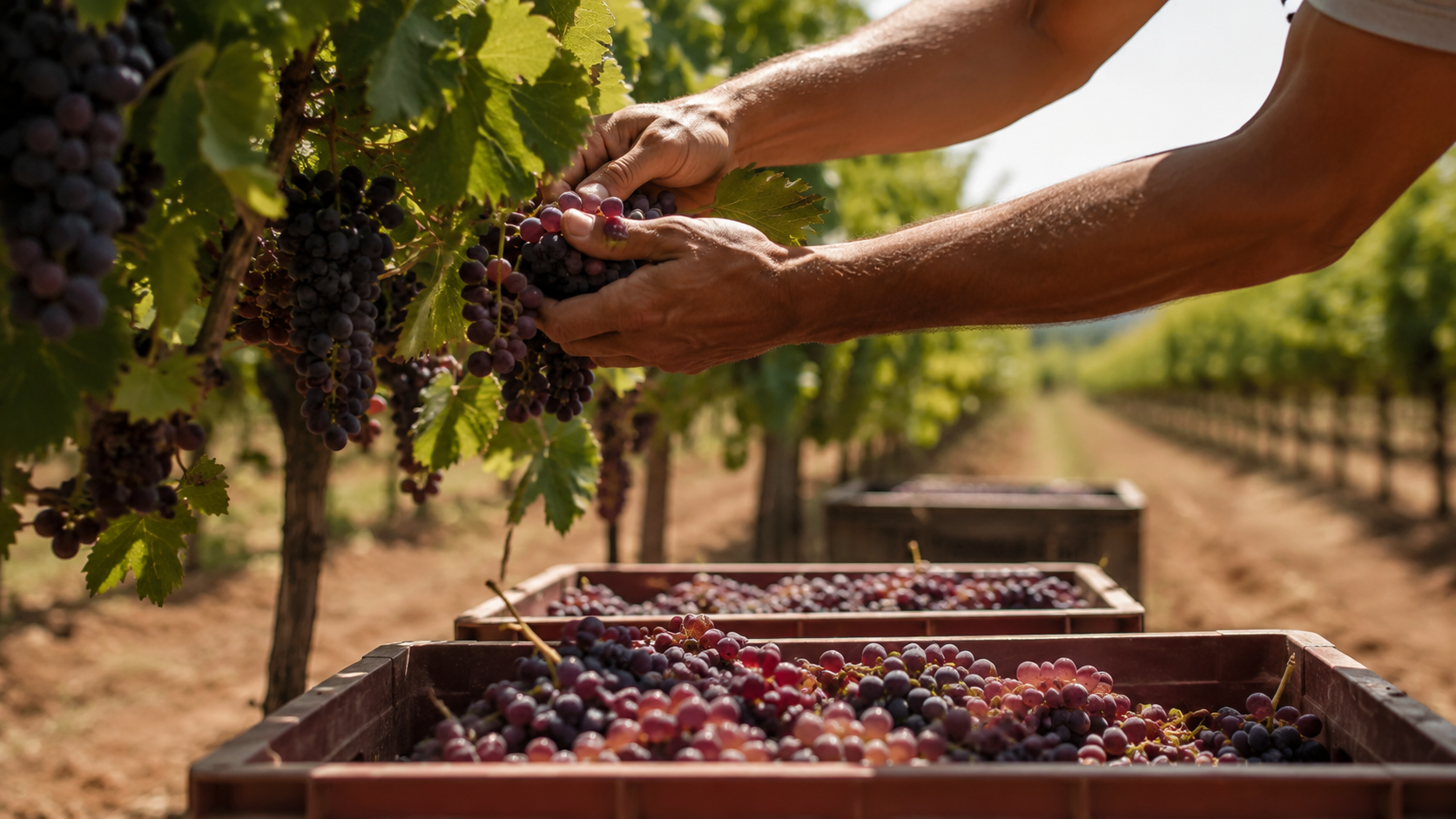 Des mains cueillant des fruits dans une vigne d'été, cagettes remplies au premier plan