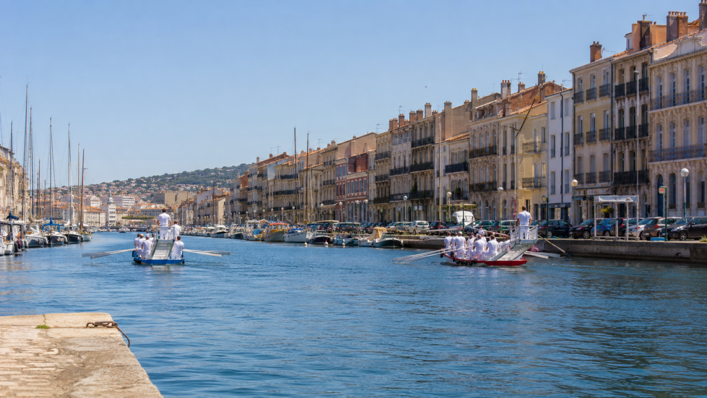 Deux barques de joute traditionnelles vues de loin sur un canal ensoleille de Sete
