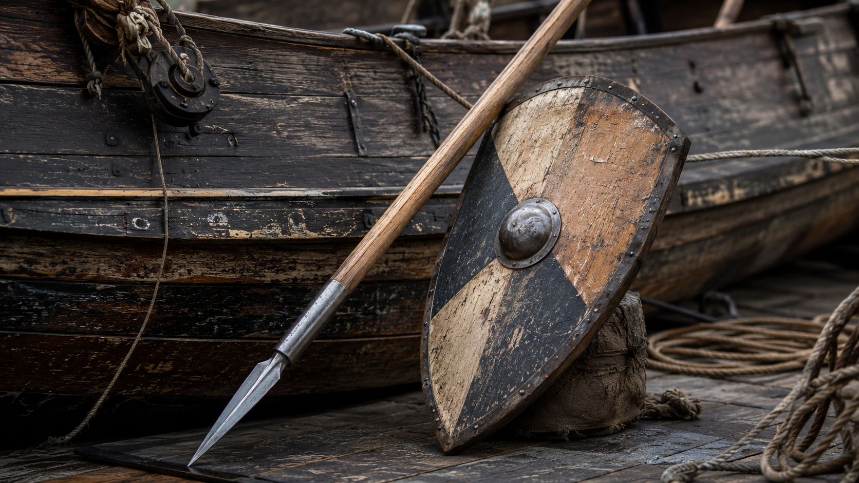 Un pavois de bois et une lance a pointe d'acier appuyes contre une barque de joute