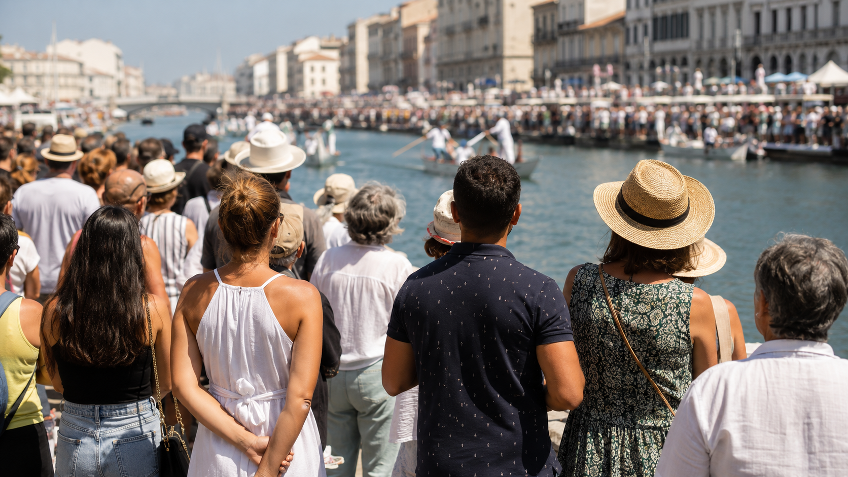 Une foule vue de dos sur un quai de Sete regardant les joutes un jour d'ete