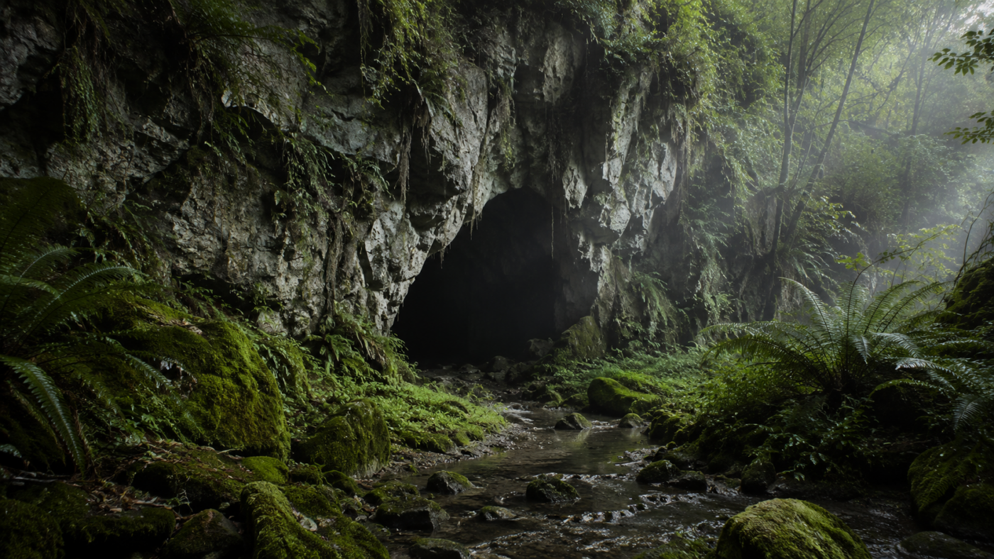 L'entree d'une grotte calcaire dans une foret humide de Nouvelle-Zelande, fougeres et mousse sous une lumiere brumeuse