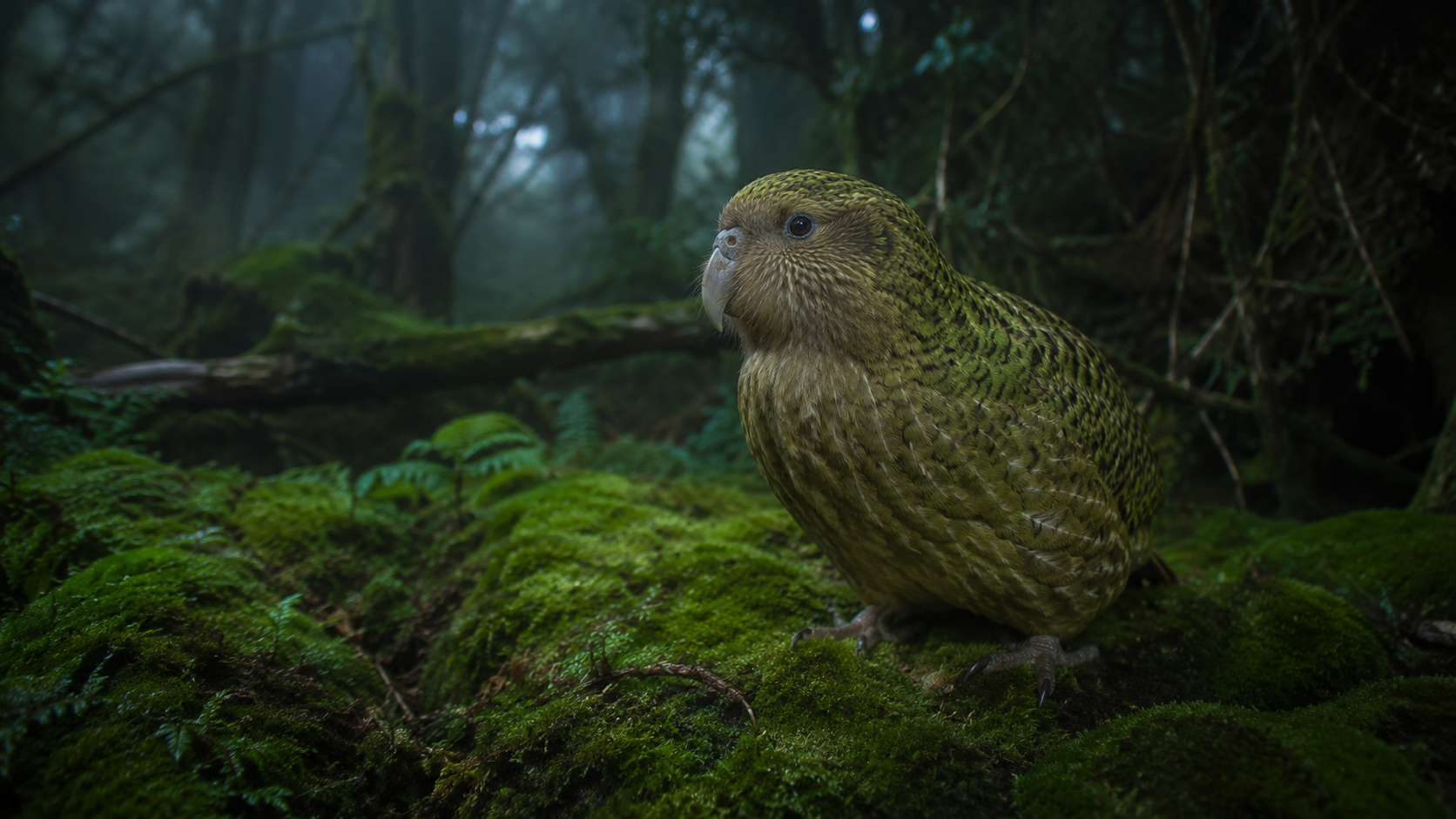 Un perroquet vert nocturne de type kakapo pose sur un tapis de mousse dans une foret au crepuscule