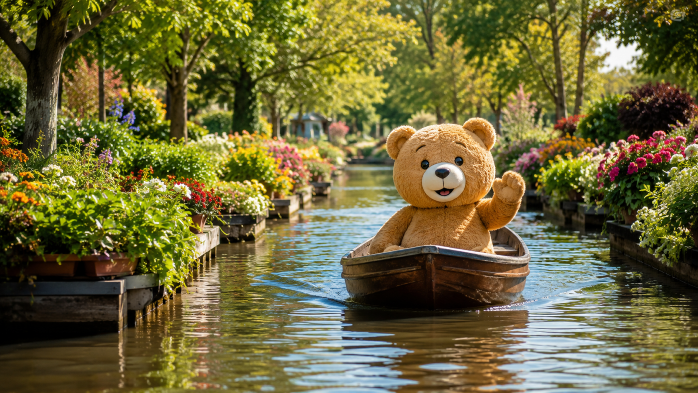 Une mascotte-ourse en barque glisse entre des jardins flottants l'été