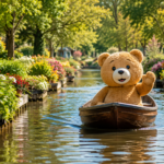 Une mascotte-ourse en barque glisse entre des jardins flottants l'été