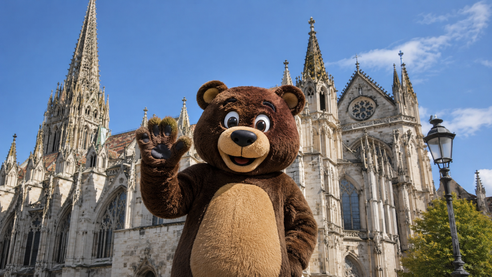 Une mascotte-ourse pose devant une cathédrale gothique sous le soleil