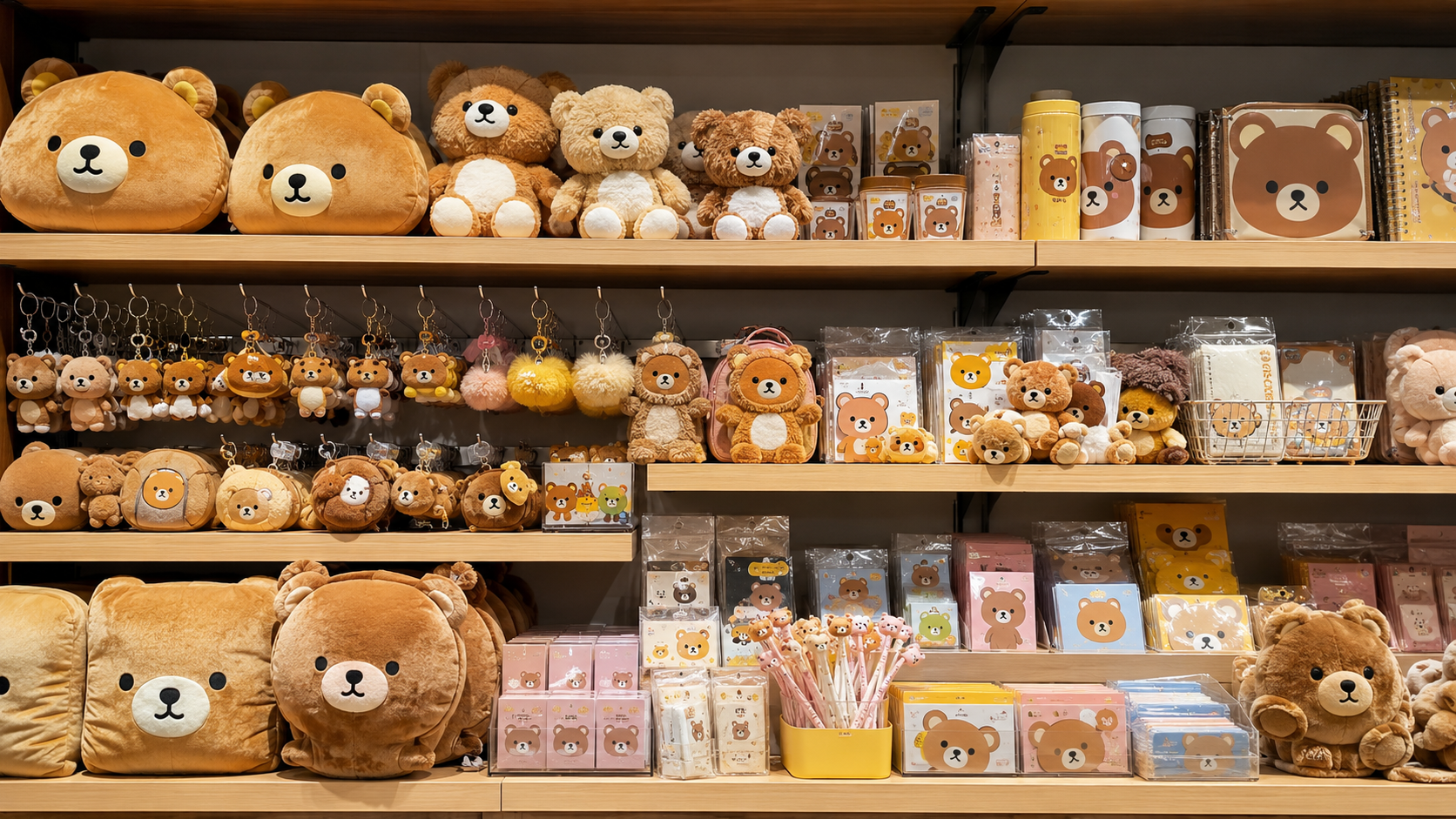 Un rayon de produits dérivés colorés à l'effigie d'une mascotte