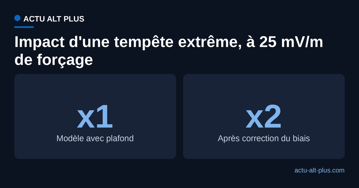 Impact d'une tempête solaire extrême selon le modèle avec plafond et après correction du biais de mesure