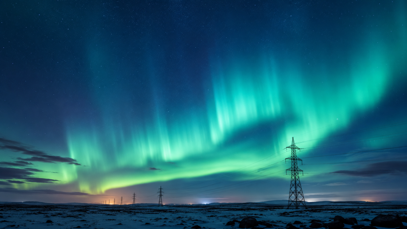 Des aurores polaires vertes et violettes au-dessus d'une ligne de pylônes électriques à l'horizon