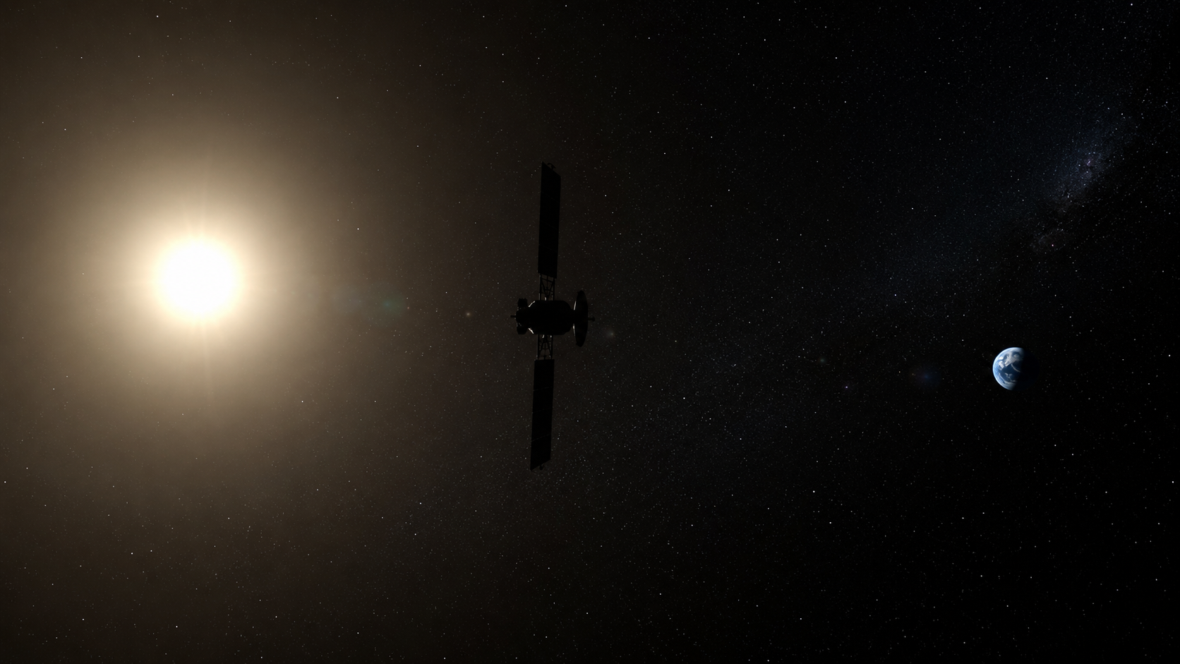 Un satellite en silhouette dans l'espace, entre le Soleil au loin et la Terre à l'opposé