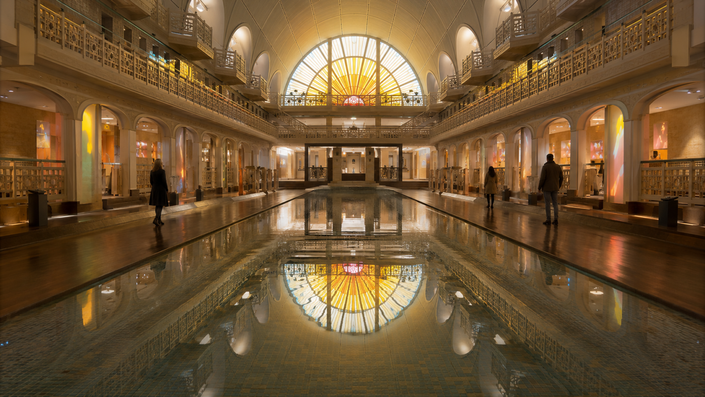 Hall d'un musée aménagé dans une ancienne piscine art déco, bassin central et visiteurs de dos
