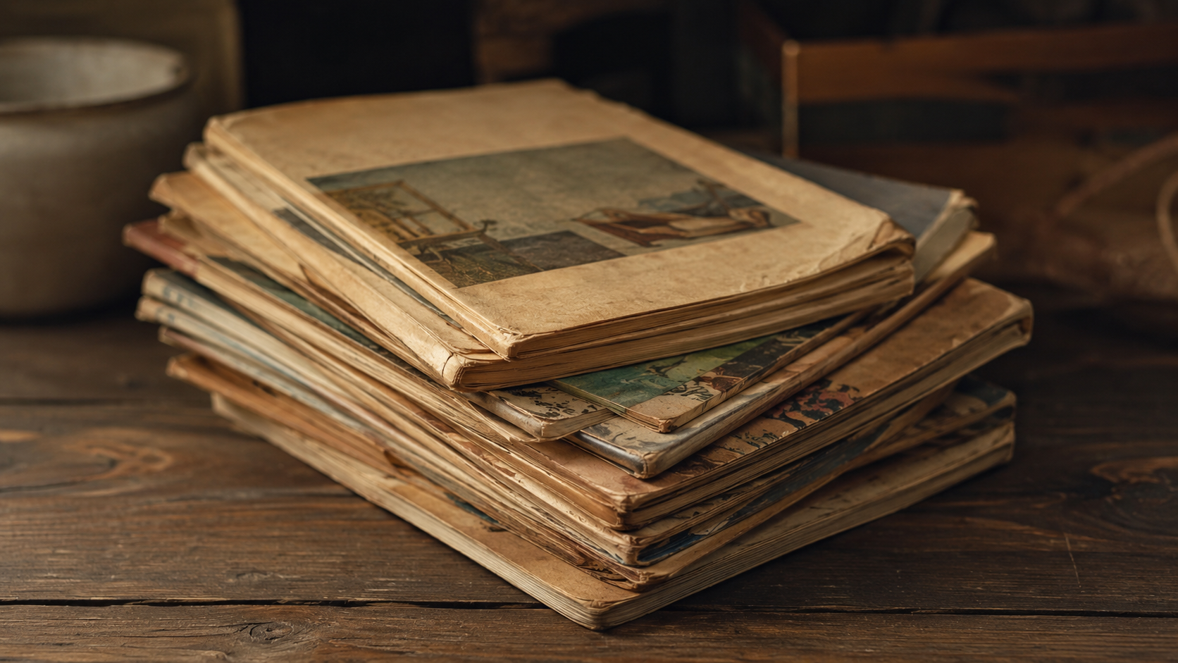Pile de catalogues de vente par correspondance anciens sur une table en bois