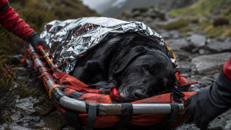 Un labrador noir allongé sur un brancard de secours en montagne, sous la pluie, entouré des mains gantées de sauveteurs