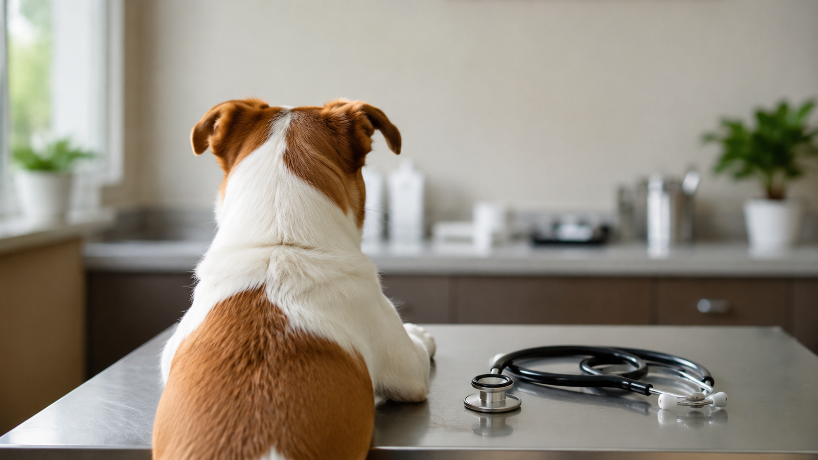 Un chien vu de dos, assis sur une table d'examen vétérinaire en inox, dans une salle de consultation calme