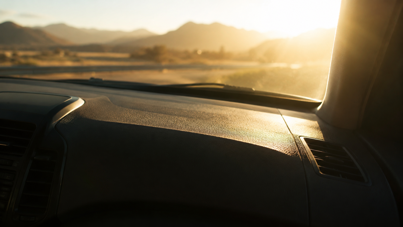 Tableau de bord de voiture sous un soleil dur, habitacle vide, lumière crue à travers le pare-brise