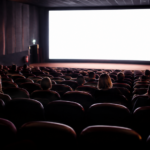 Une salle de cinéma à moitié vide vue des derniers rangs, quelques spectateurs dispersés face à l'écran allumé