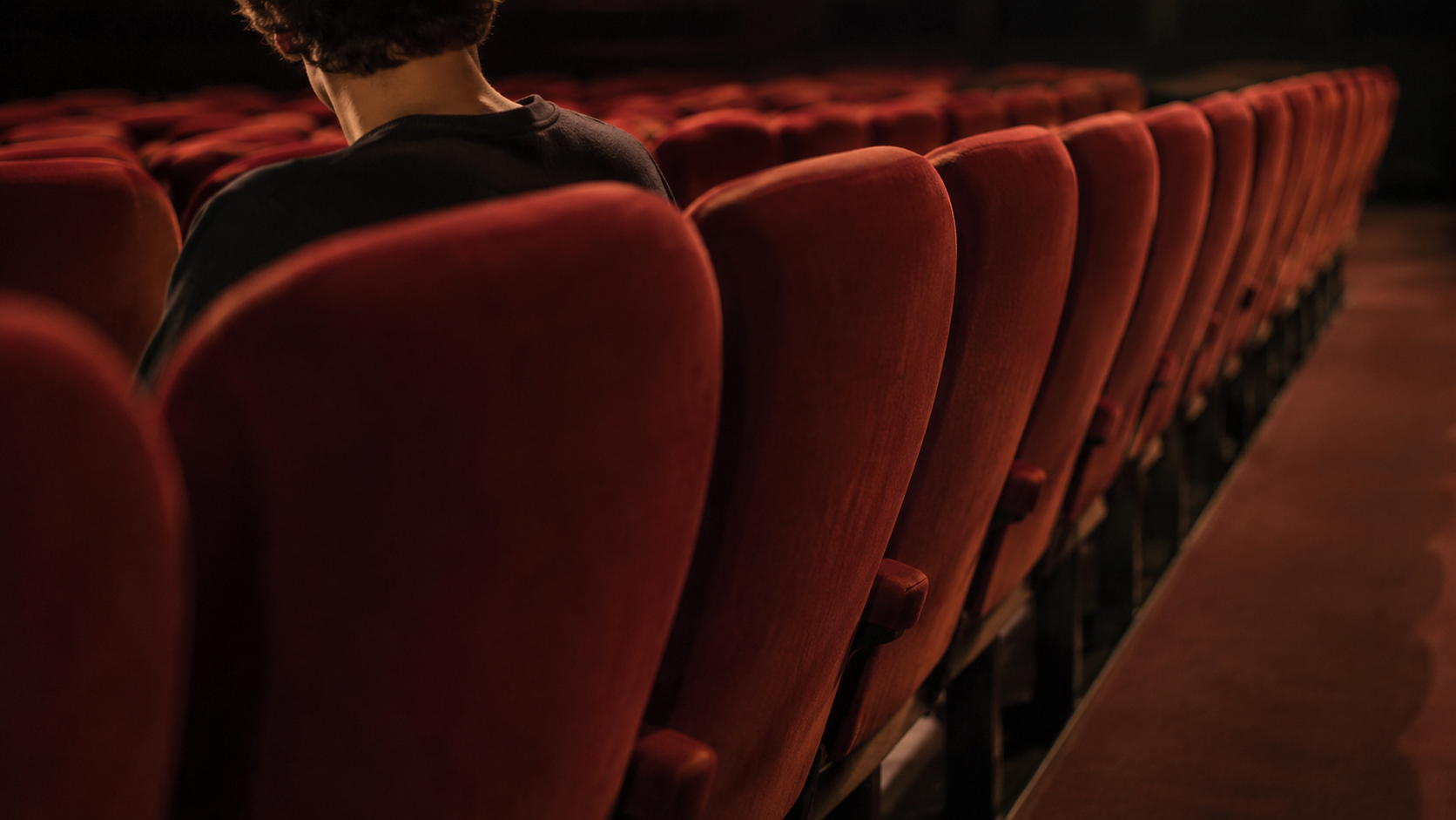 Une longue rangée de fauteuils de cinéma vides, avec un seul siège occupé, la personne vue de dos