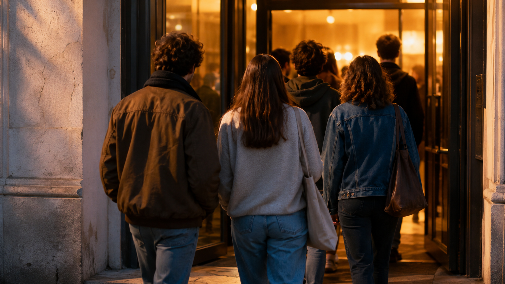Un petit groupe de jeunes adultes vus de dos, en file devant l'entrée éclairée d'un cinéma en début de soirée