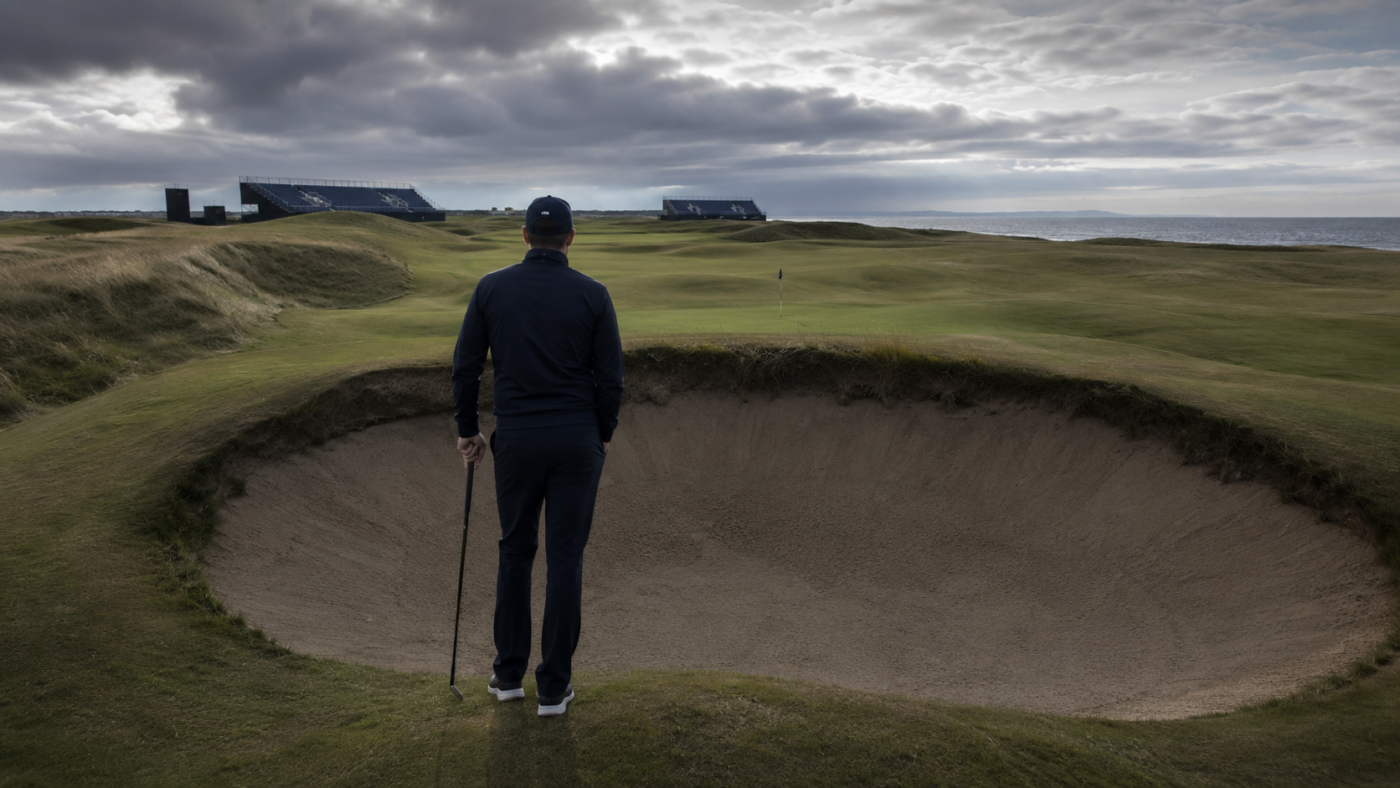 Un golfeur vu de dos, seul au bord d'un bunker profond sur un parcours de links balayé par le vent