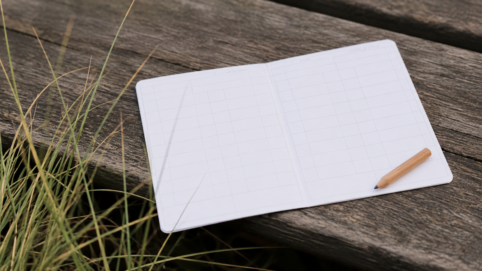 Une carte de score de golf vierge et un crayon posés sur un banc en bois