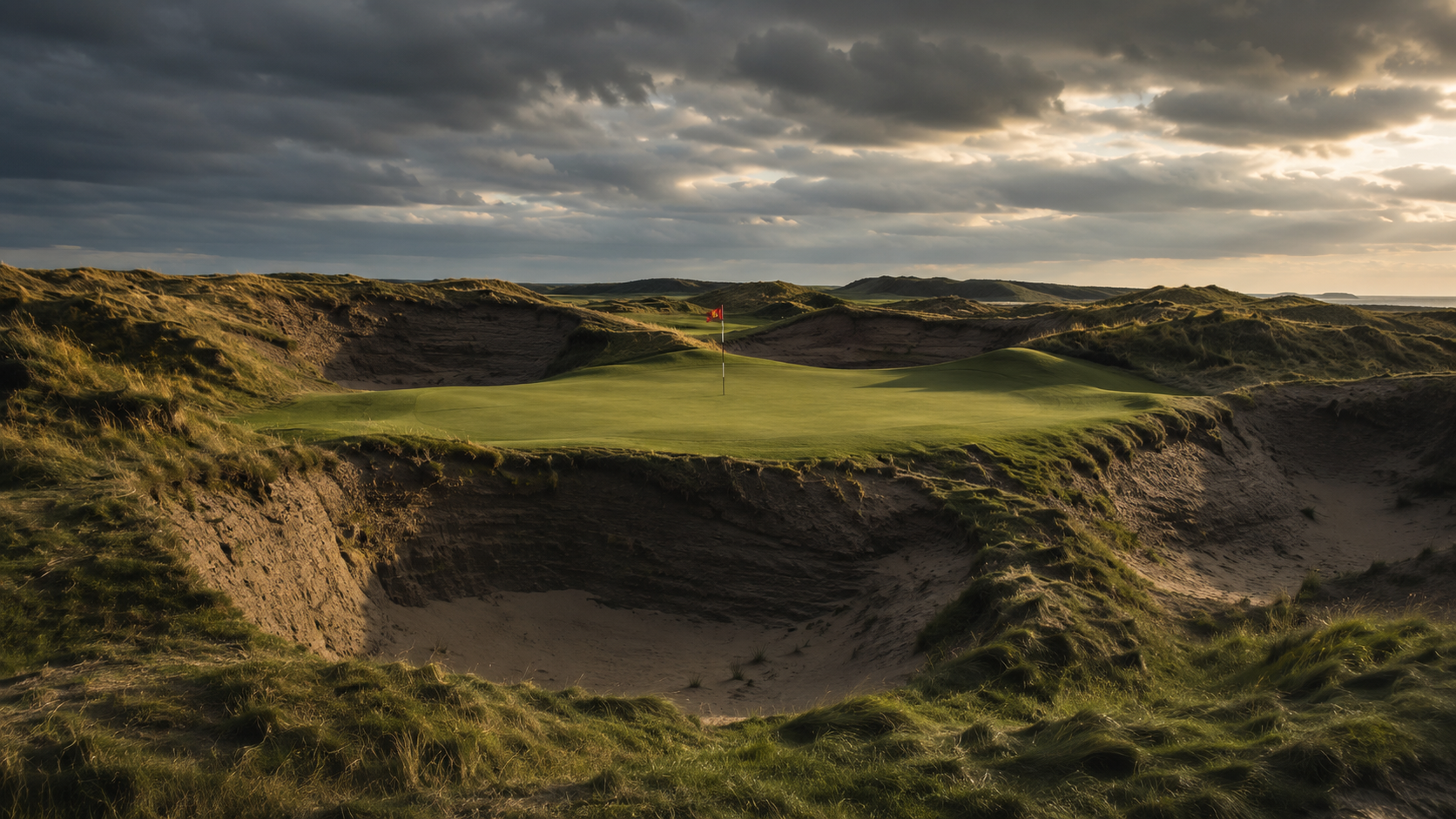 Un green de links désert entouré de bunkers profonds et de hautes dunes, drapeau dans le vent