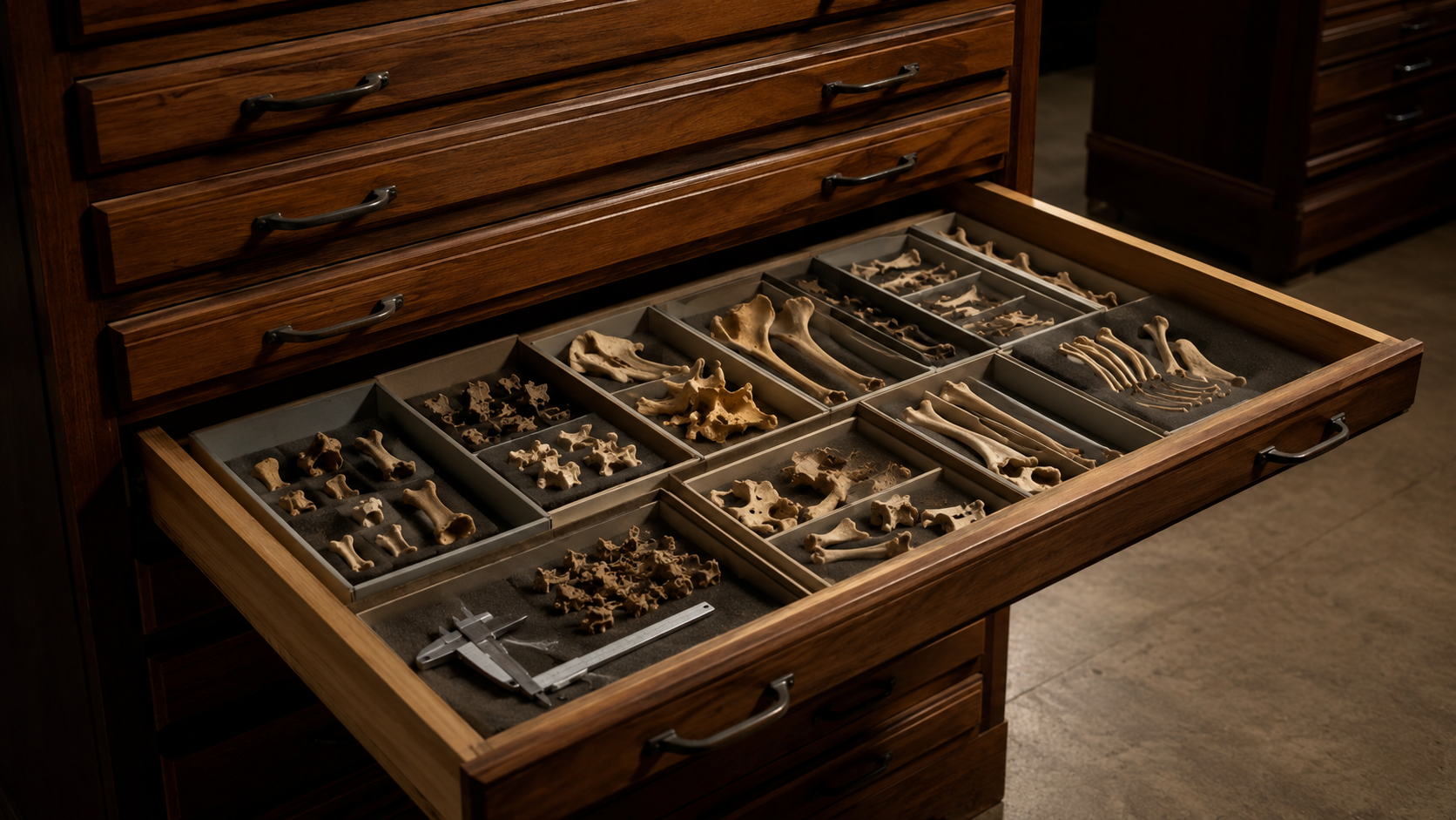 Tiroirs d'une collection d'histoire naturelle, l'un ouvert sur des plateaux d'ossements et un pied à coulisse