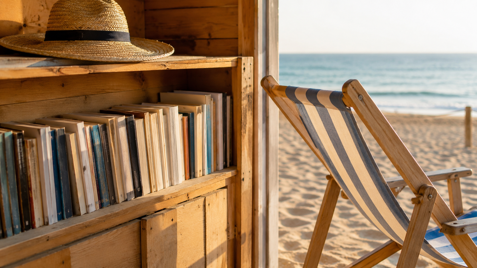 Une étagère ouverte de livres de poche dans une cabine de plage, un transat et un chapeau de paille à côté