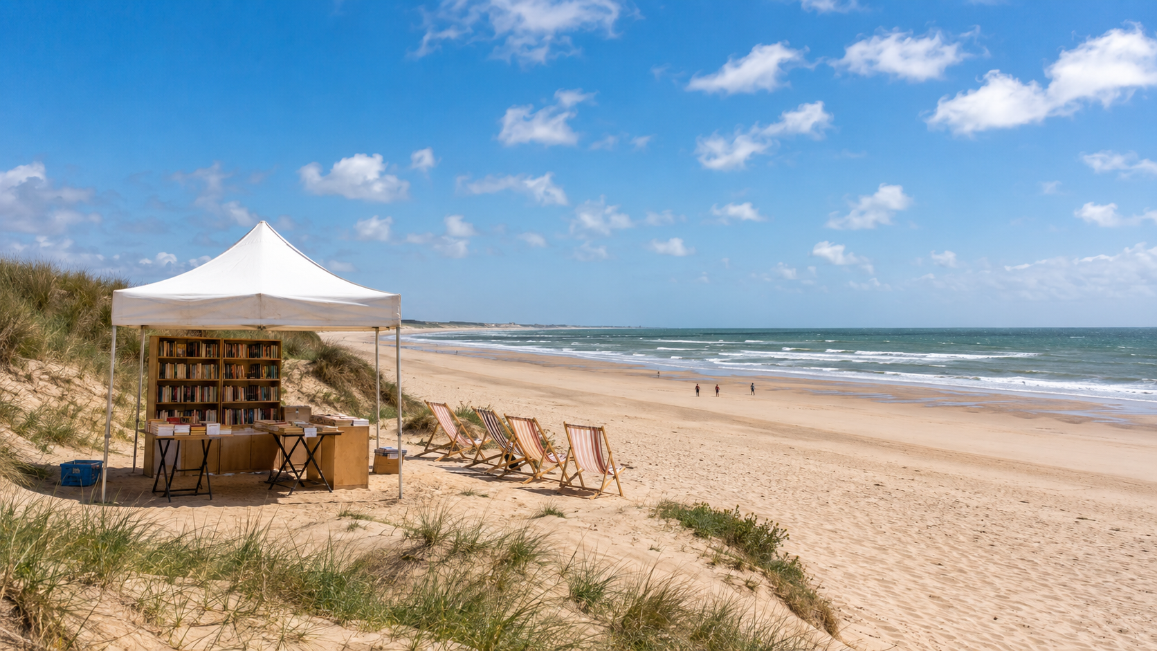 Une bibliothèque de plage éphémère et des transats sur une large plage atlantique bordée de dunes