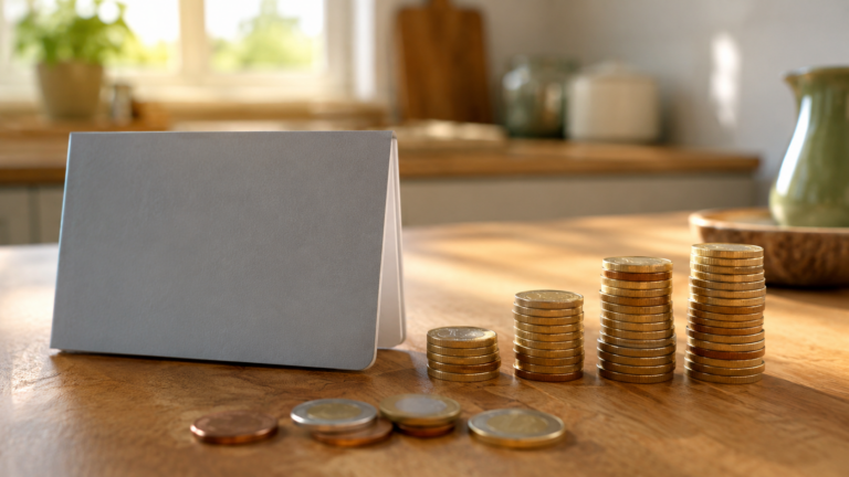 Carnet d'épargne et pièces en euros disposés en piles ascendantes sur une table en bois.