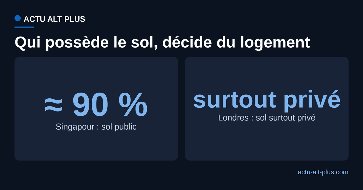 Part des terres détenues par l'État : environ 90 % à Singapour, contre un foncier surtout privé à Londres et en Occident