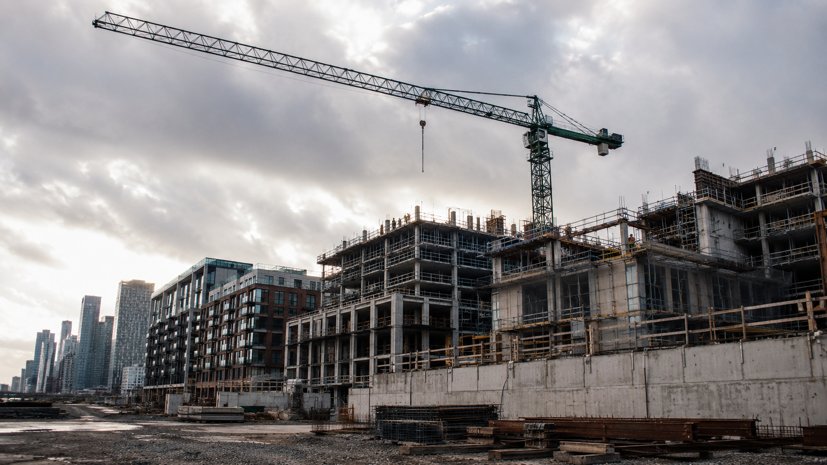 Une grue de chantier dominant des immeubles residentiels modernes en construction sur un site urbain