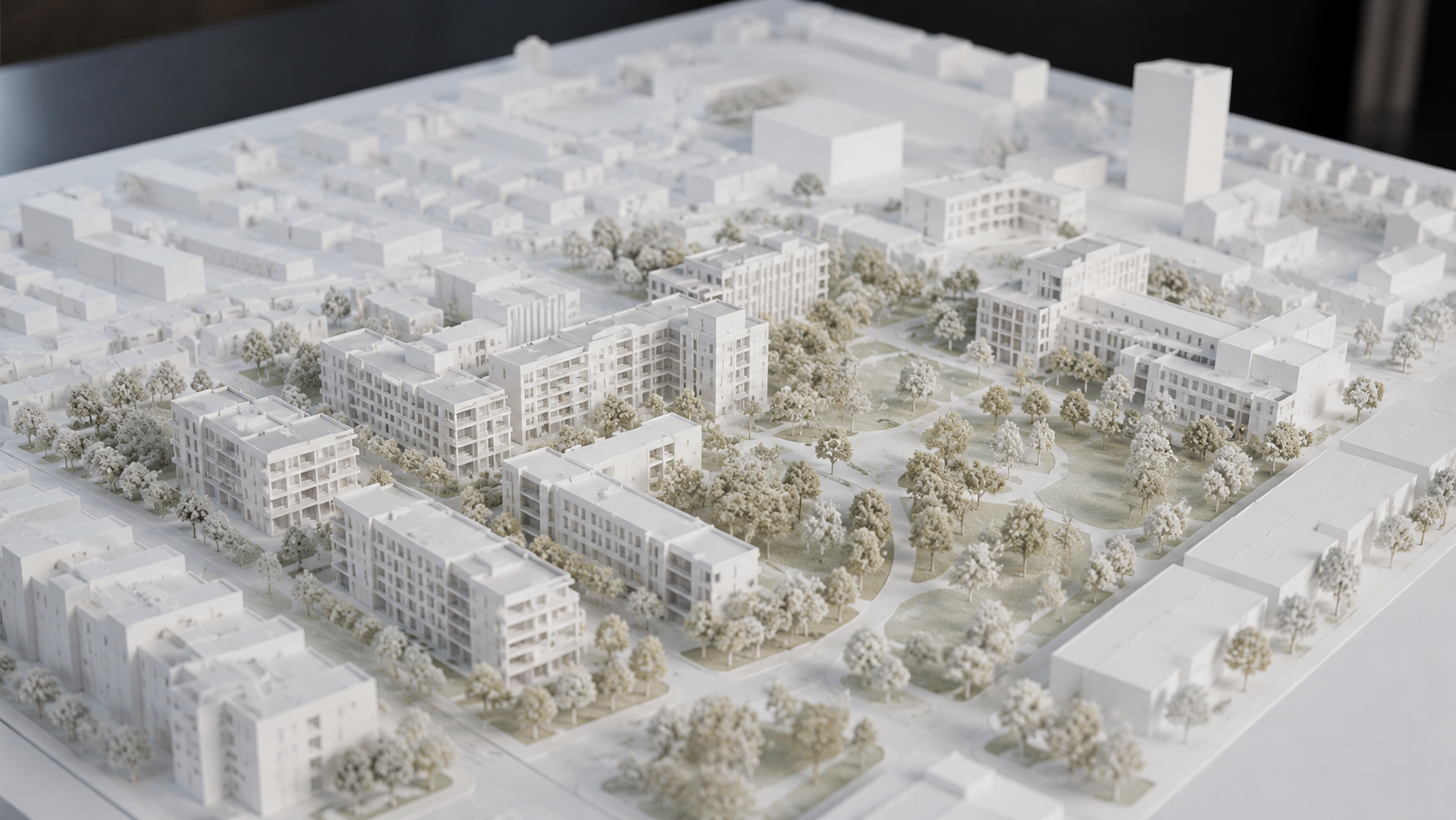 Une maquette urbaine blanche d'un nouveau quartier residentiel avec rues et espaces verts
